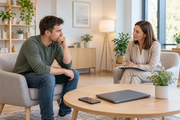 врач лечит интернет-зависимости у пациента на приеме